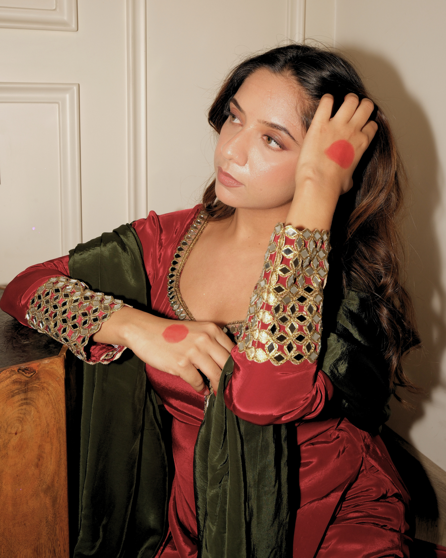 Husn Set - Deep Red and Green Suit