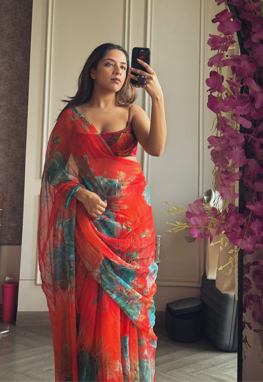 Bageecha Saree - Floral Red