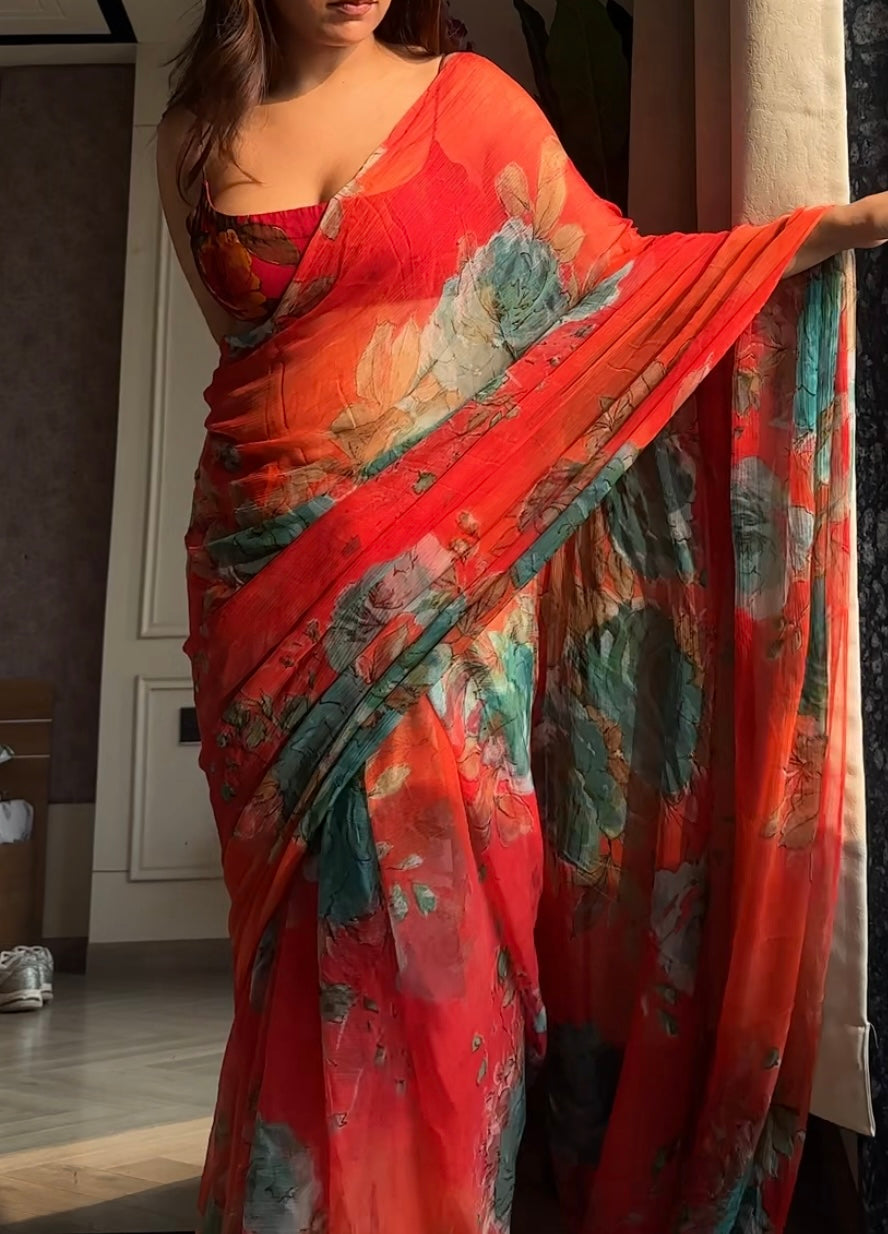Bageecha Saree - Floral Red