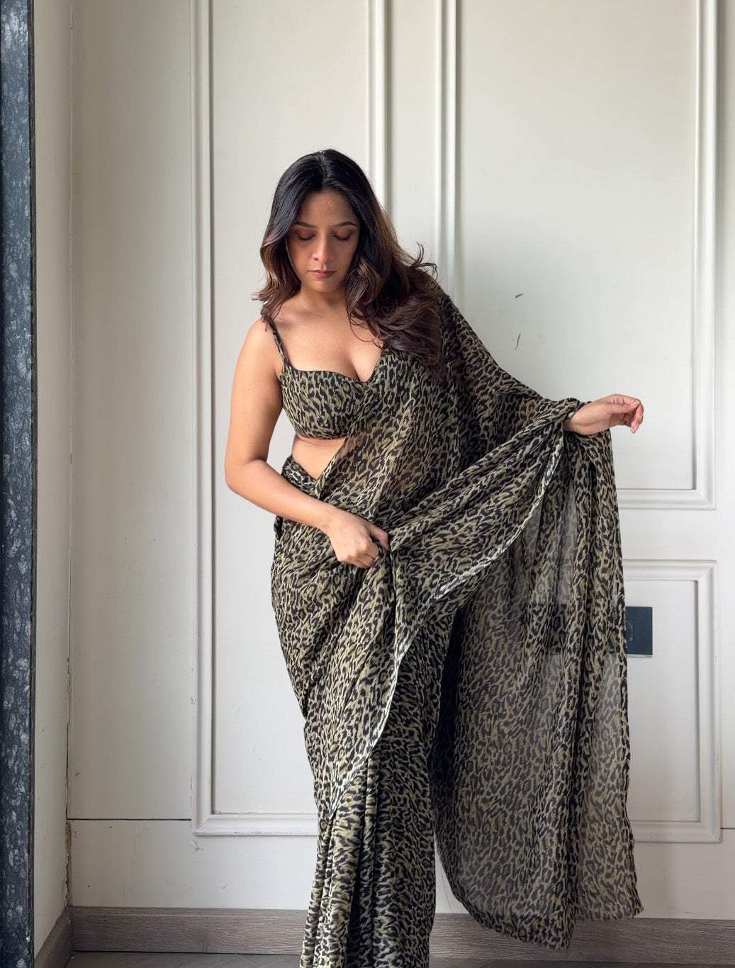 Cheetah Saree (unstitched blouse)